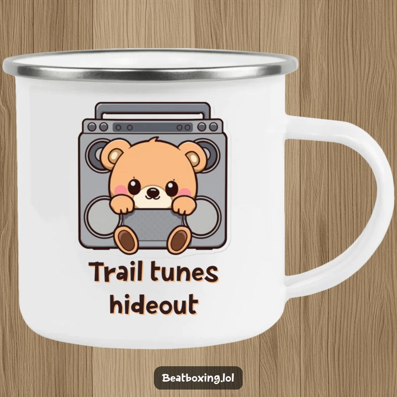 Funny camping mug with a curious bear hiding behind a boombox, ready for outdoor adventures and musical moments.