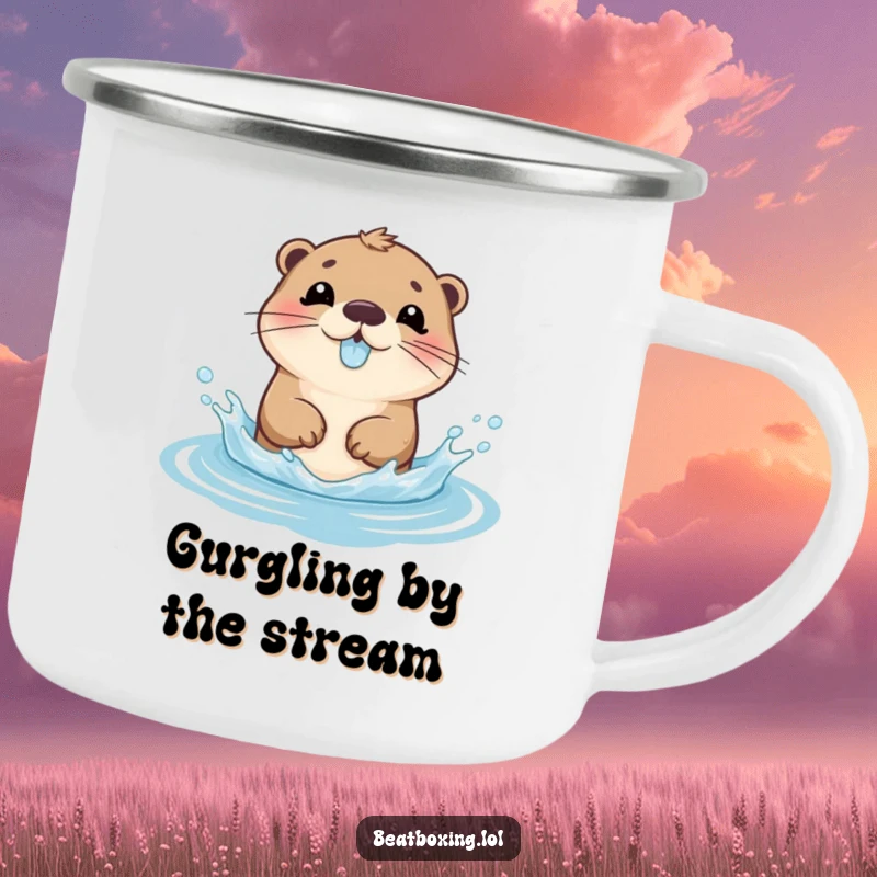 Funny Camping Mug featuring a playful otter character splashing water and gurgling, perfect for outdoor fun.