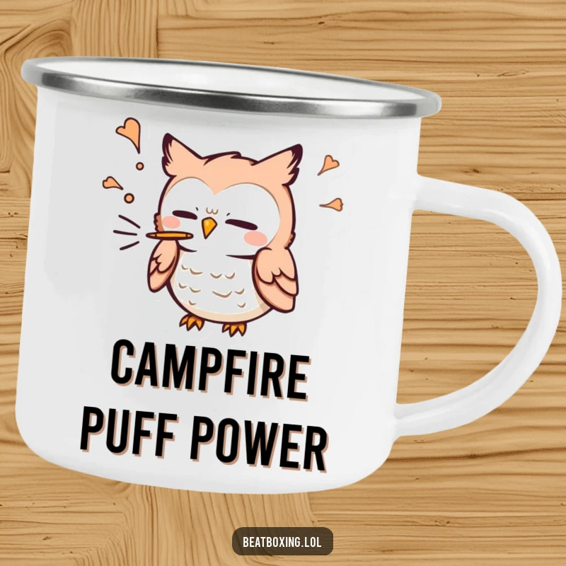 Funny Owl Camping Mug: A small owl character blowing air out for a 'p' sound, a durable and humorous outdoor drinking vessel.