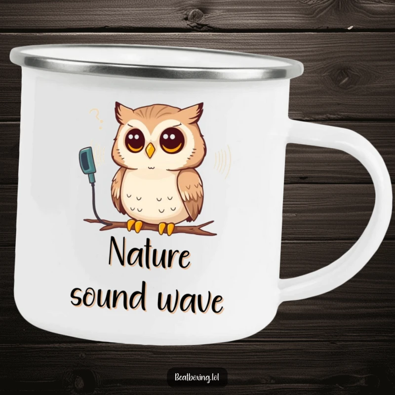 Funny camping mug with a thoughtful owl listening intently to a synthesized sound wave, perfect for outdoor contemplation.