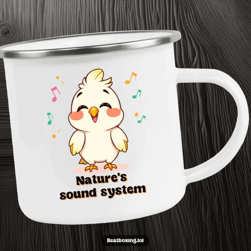 Funny camping mug featuring a giggling parrot character mimicking sounds with rapid clicks and pops, perfect for outdoor storytelling.