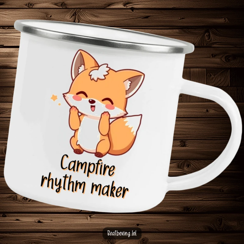 Funny camping mug featuring a playful fox wagging its tail and making beat motions, ideal for humorous outdoor use.