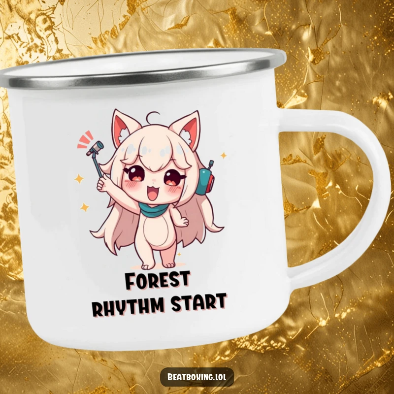 Funny Camping Mug featuring a character in a dynamic pose suggesting audible rhythm, perfect for outdoor enjoyment.