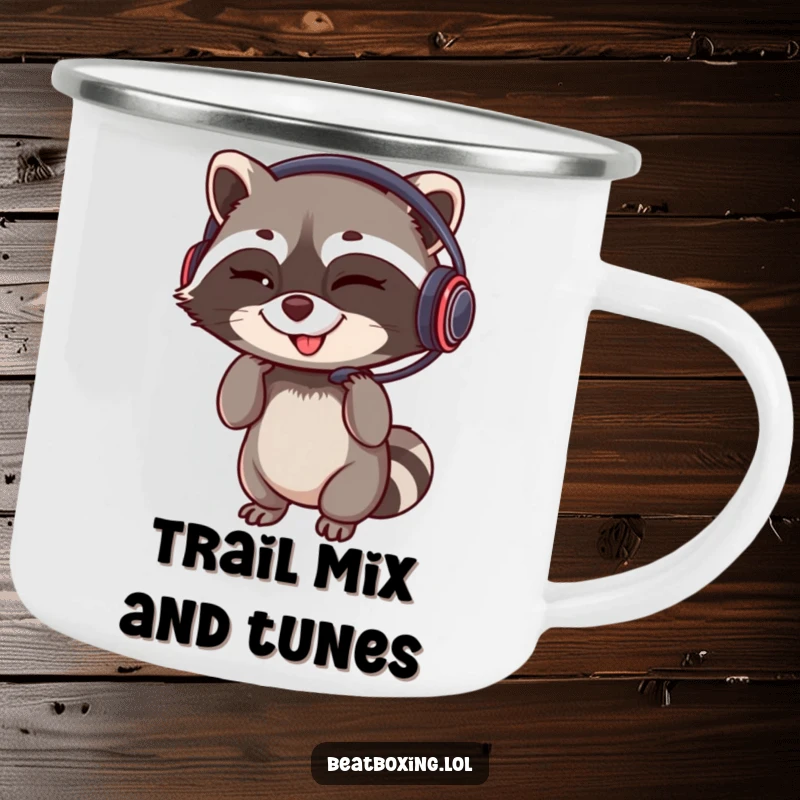 Funny camping mug featuring a winking raccoon adjusting a headset with a rhythmic grin, ideal for humorous outdoor use.