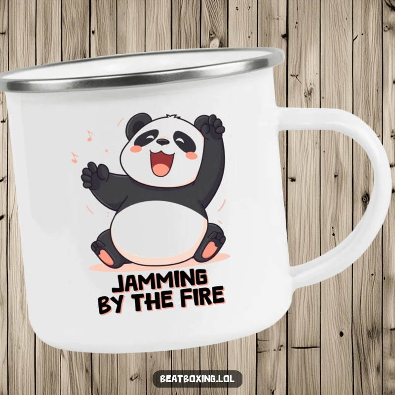 Funny Panda Camping Mug: A jubilant panda joyfully creates percussive sounds by slapping its belly, ideal for outdoor fun.