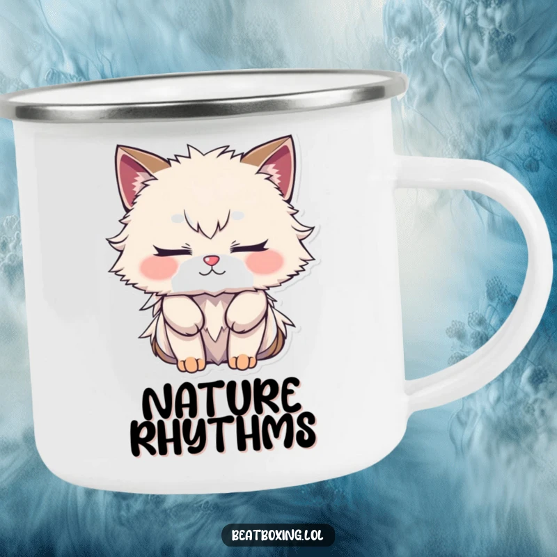 Funny camping mug featuring a furry character with closed eyes, deeply focused on creating a complex rhythm, for creative outdoor moments.