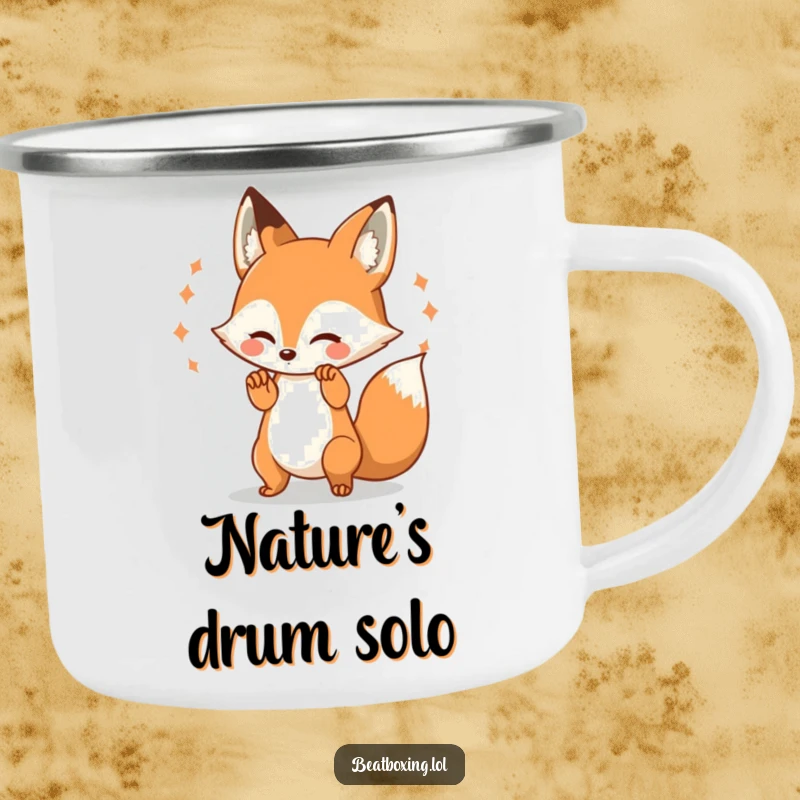 Funny Fox Camping Mug: Playful fox character beating paws rhythmically, creating visual pulses, perfect for outdoor enthusiasts.