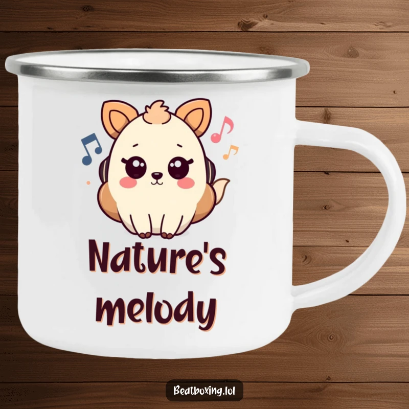 Funny Camping Mug featuring an animal character playing music with notes and sound waves, perfect for outdoor enjoyment.
