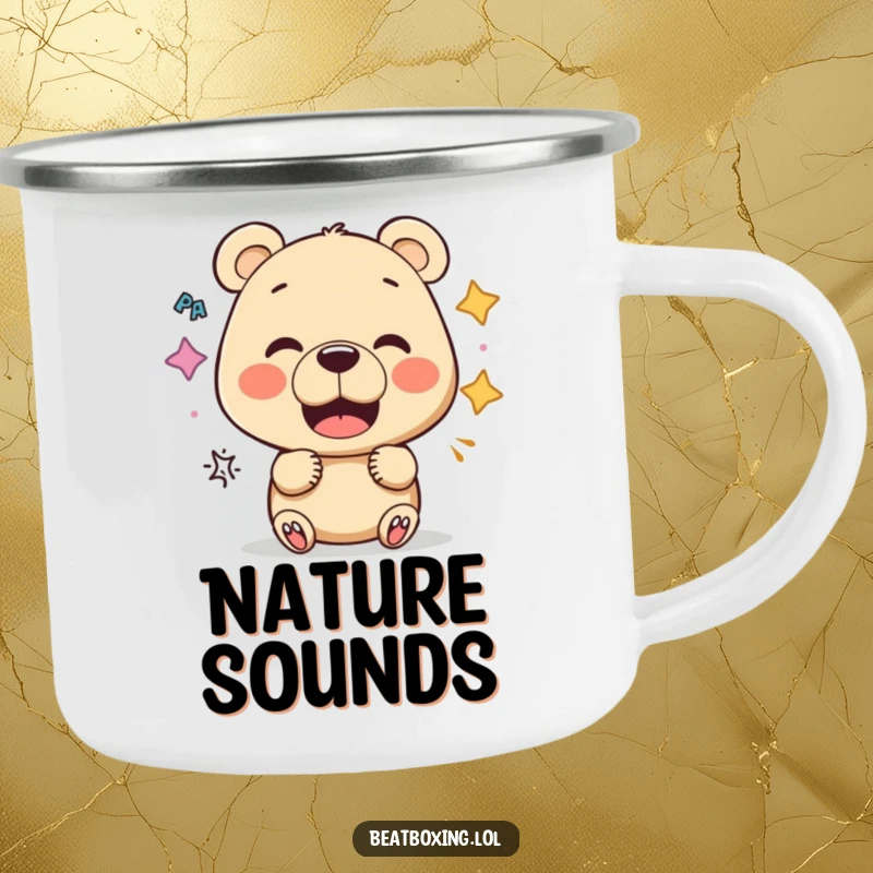 Funny Bear Vocalist Camping Mug: A durable mug for outdoor adventures featuring a curious bear experimenting with mouth shapes.