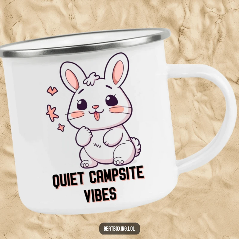 Funny kawaii bunny camping mug, lips forming a 'K' sound rhythmically, perfect for outdoor enthusiasts.