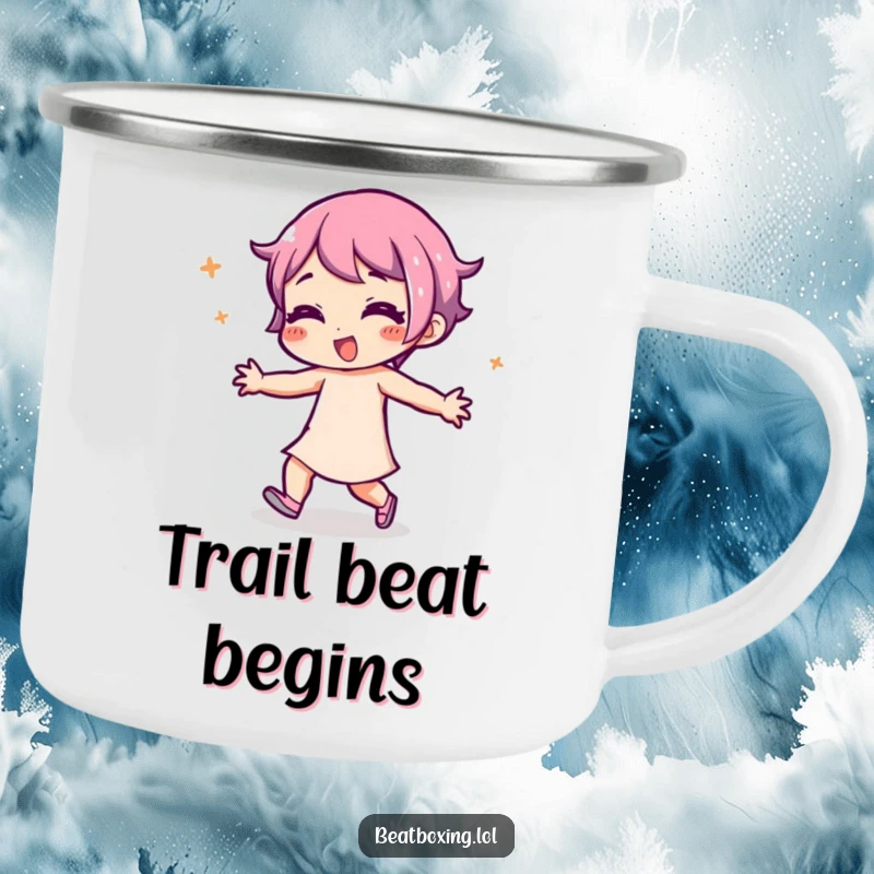 Funny Camping Mug showcasing a character in playful rhythmic movement, ready for outdoor adventures, durable and fun design.