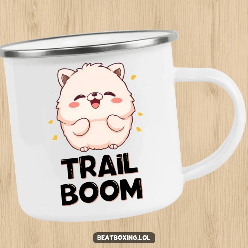 Funny camping mug featuring a fluffy animal character making a 'boom' sound with puffed cheeks, ready for outdoor adventures.