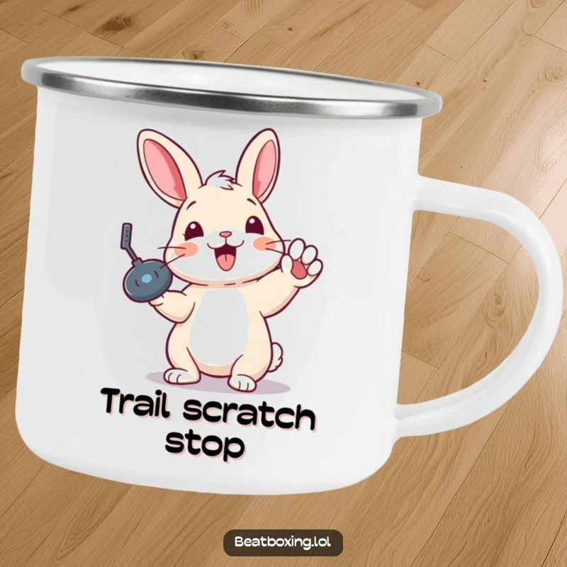 Funny camping mug with a delighted rabbit performing a record scratch, perfect for outdoor music lovers and adventurers.