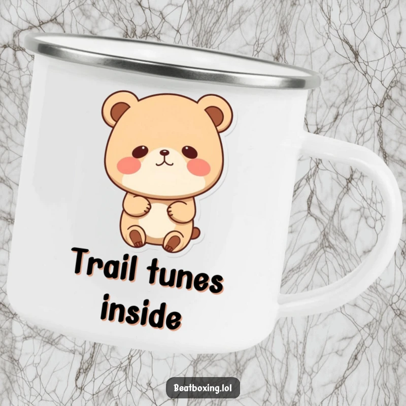 Funny camping mug featuring a cute bear character bobbing its head, cheeks puffed, perfect for outdoor adventures and a good laugh.