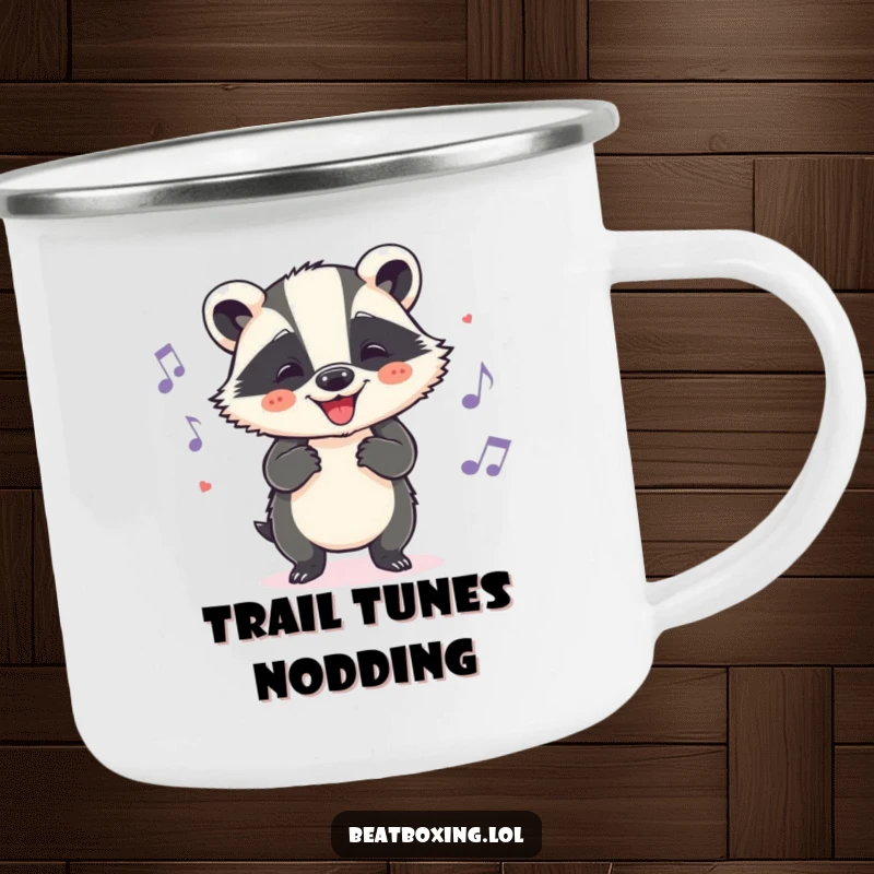 Funny badger camp mug showcasing a cheerful character grooving to a beat with head nods, a humorous outdoor companion.