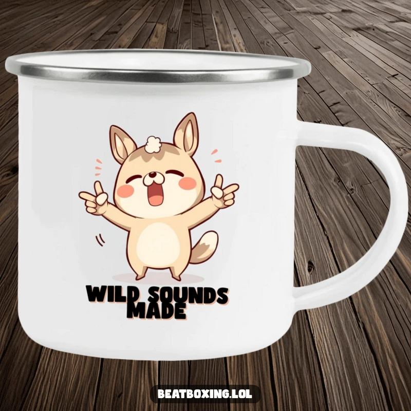 Funny camping mug with a determined animal character pointing to its body to make sounds outdoors.