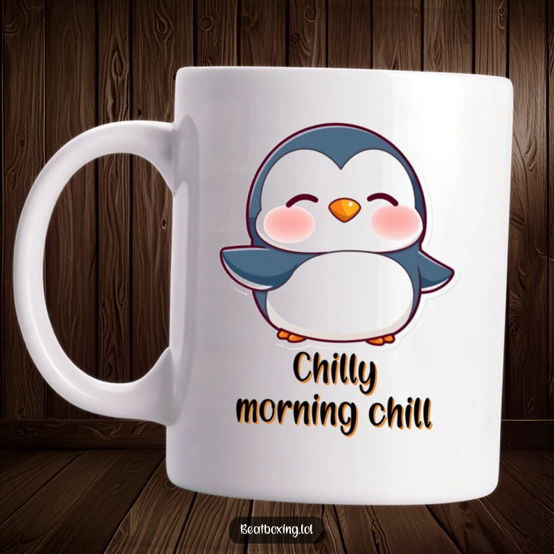 Funny Penguin Mug: A penguin character rapidly vibrating its lips for a 'brrr' sound, expressing cold with humor.