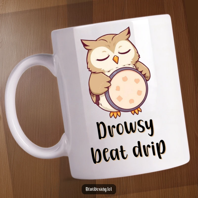 Funny owl mug showing a sleepy character mimicking a kick drum with its belly, a humorous percussionist.