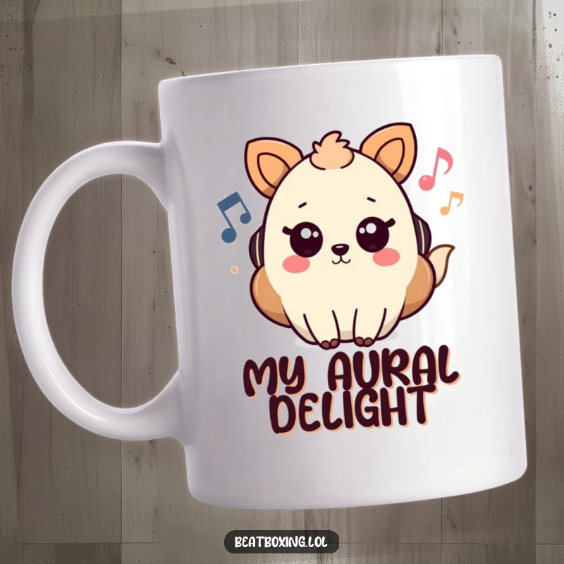 Funny Mug with an adorable animal character, playfully surrounded by musical notes and radiating sound waves, celebrating music and pets.