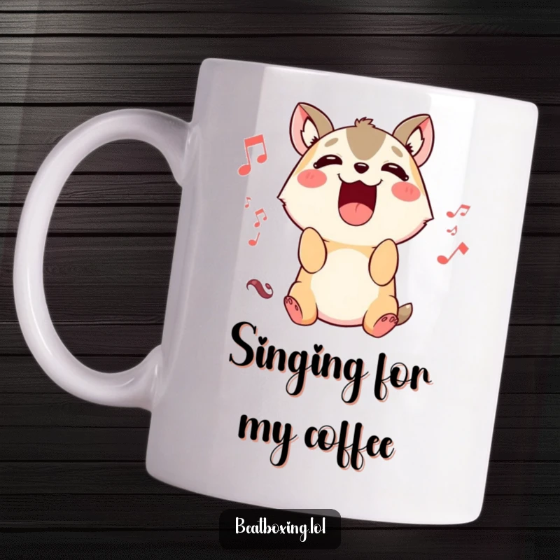 Funny Animal Sound Mug: A cute animal character sings loudly with its mouth open, perfect for a humorous gift.