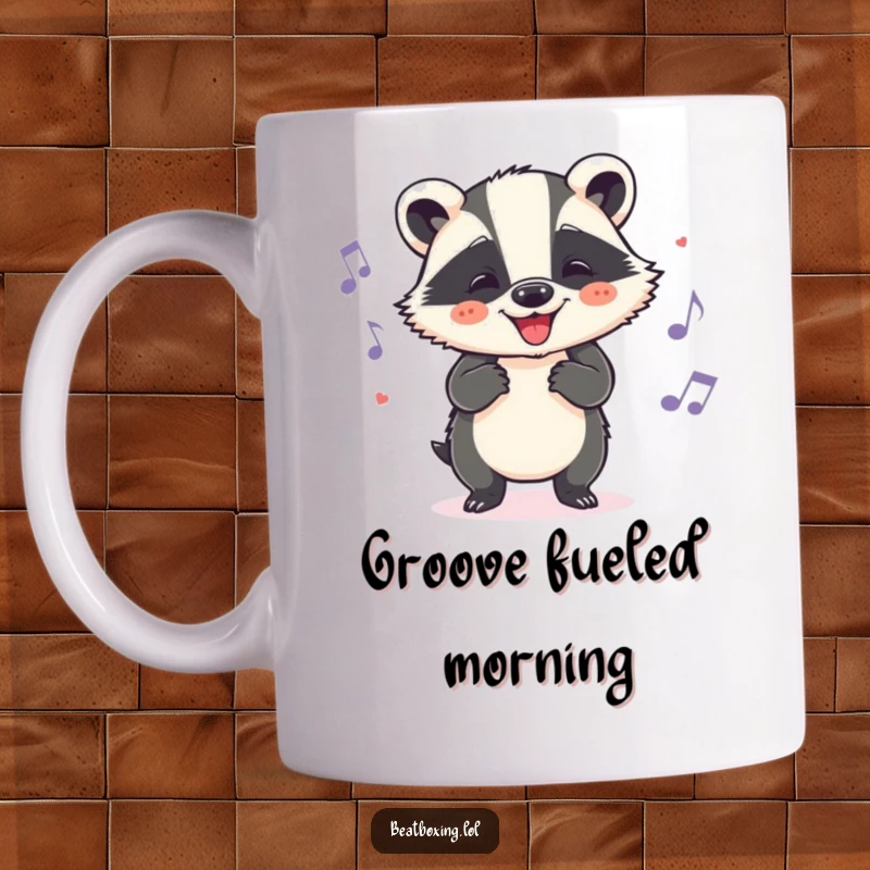 Funny badger mug showing a cheerful character grooving to a beat with enthusiastic head nods, a happy dancer.