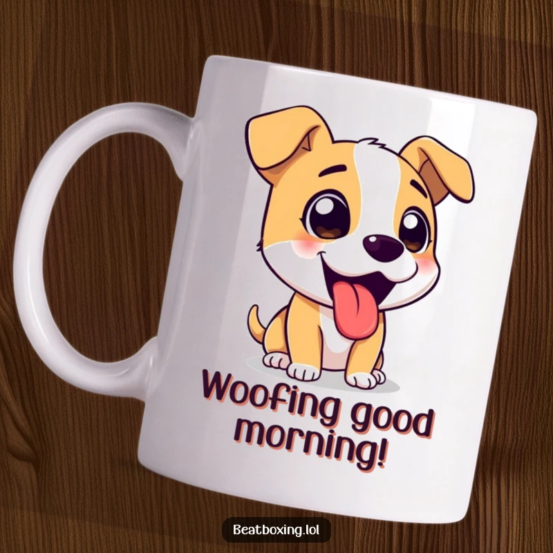 Funny mug of a cute, cartoon dog barking loudly with its tongue hanging out in excitement.