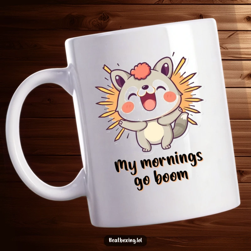 Funny mug showing a playful animal character making a visual 'BOOM' sound effect with a dramatic expression.