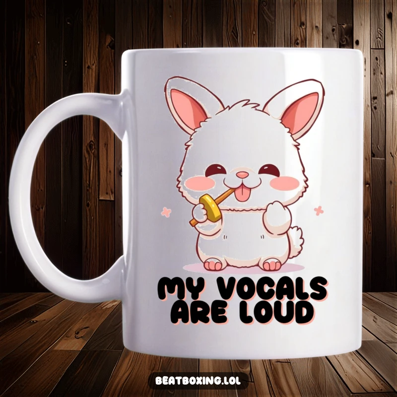 Funny mug with a fluffy bunny character enthusiastically beatboxing. Humorous gift for music lovers and animal fans.