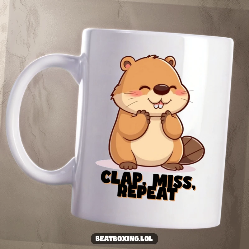 Funny mug featuring a clumsy beaver hilariously trying to clap its paws but completely missing the beat.
