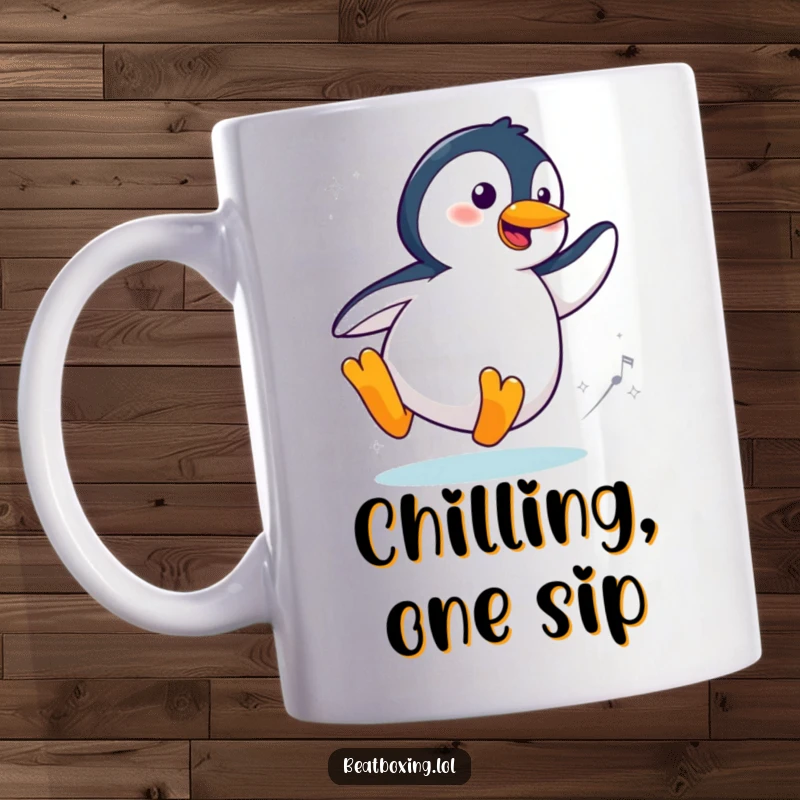 Funny Cool Penguin Mug featuring a stylish penguin character sliding and spinning to an imaginary beat, exuding cool humor.