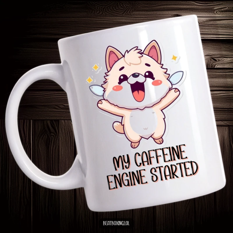 Funny mug featuring a fuzzy animal character buzzing with uncontrollable energy, mouth wide open in a hilarious expression of excitement.