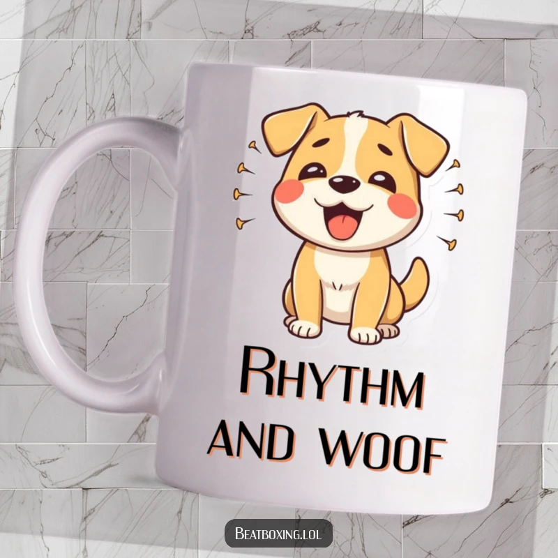 Funny happy dog mug with sound waves radiating from its rhythmic barks, a cheerful and humorous gift idea.