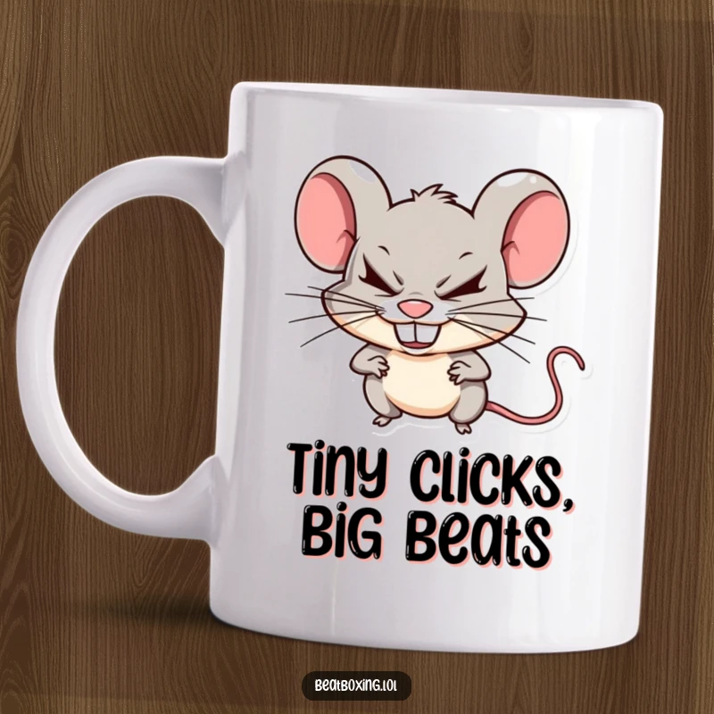 Funny mischievous mouse mug showing a mouse rapidly clicking its teeth to create sharp beats, a humorous gift.