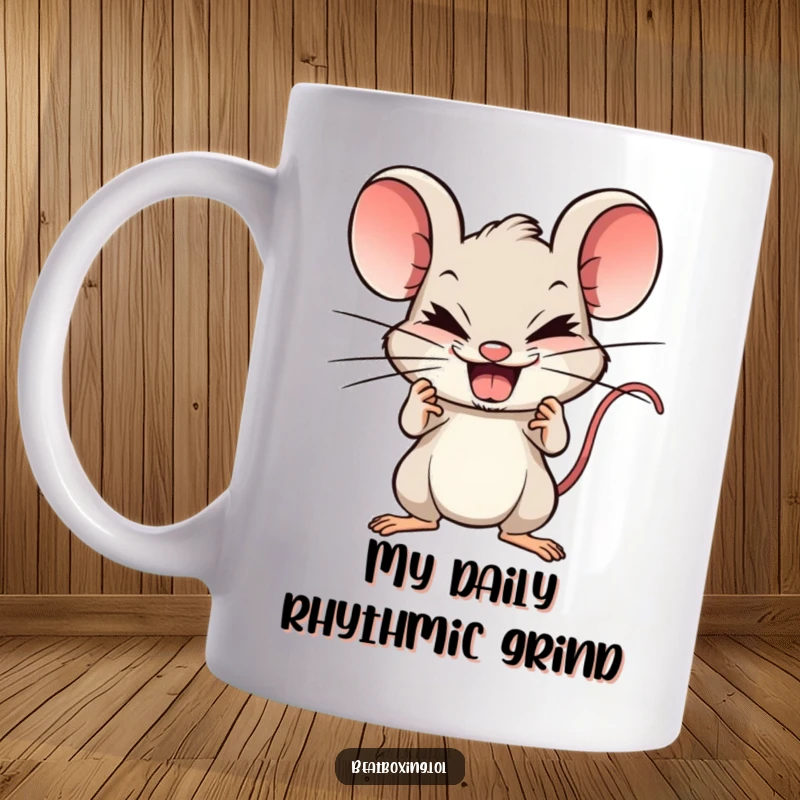 Funny Mouse Beatboxer Mug: Mischievous rodent rapidly clicking teeth, creating sharp beats, perfect for music lovers gift.