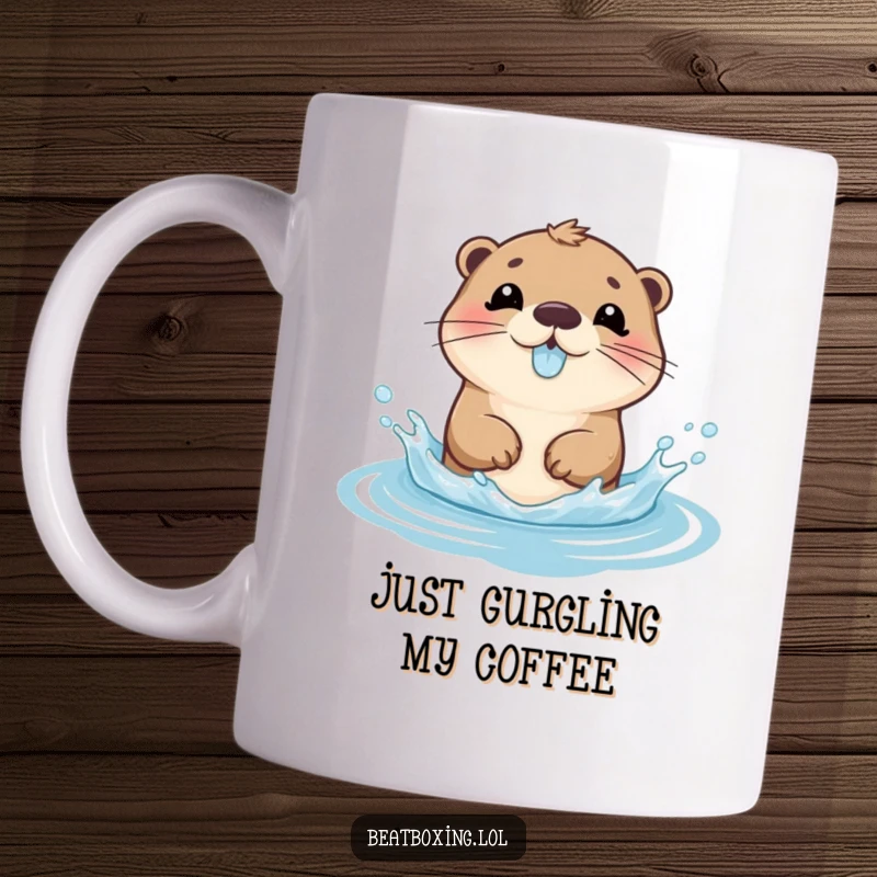 Funny Mug featuring a playful otter character splashing water and making a delightful gurgling sound, full of joy.