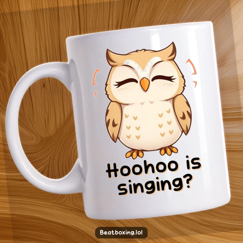 Funny Owl Mug: A delighted owl character with closed eyes hums peacefully, emitting visible sound ripples, perfect for relaxation.