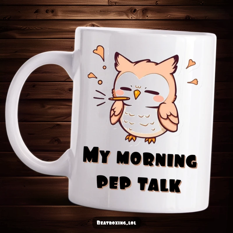 Funny Owl Mug: A cute owl character vigorously blowing air for a 'p' sound, expressing delight and humor.