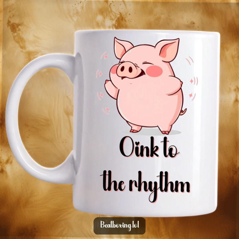 Funny plump pig mug showing rhythmic grunts with visible bass vibrations, a humorous gift for sound lovers.