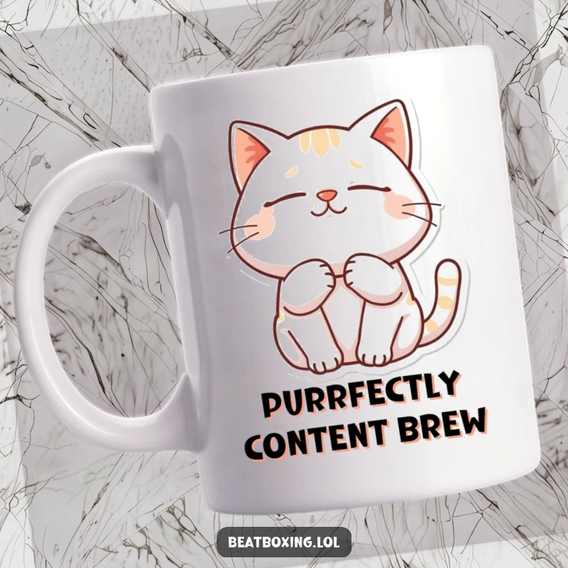 Funny mug illustration of a cat purring deeply with closed eyes and a blissful, contented expression.