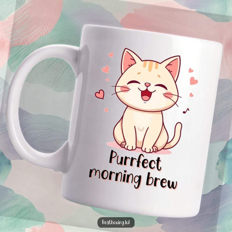 Funny Purring Cat Mug featuring a happy cat character purring a steady beat, punctuated by playful meows, bringing soothing humor.