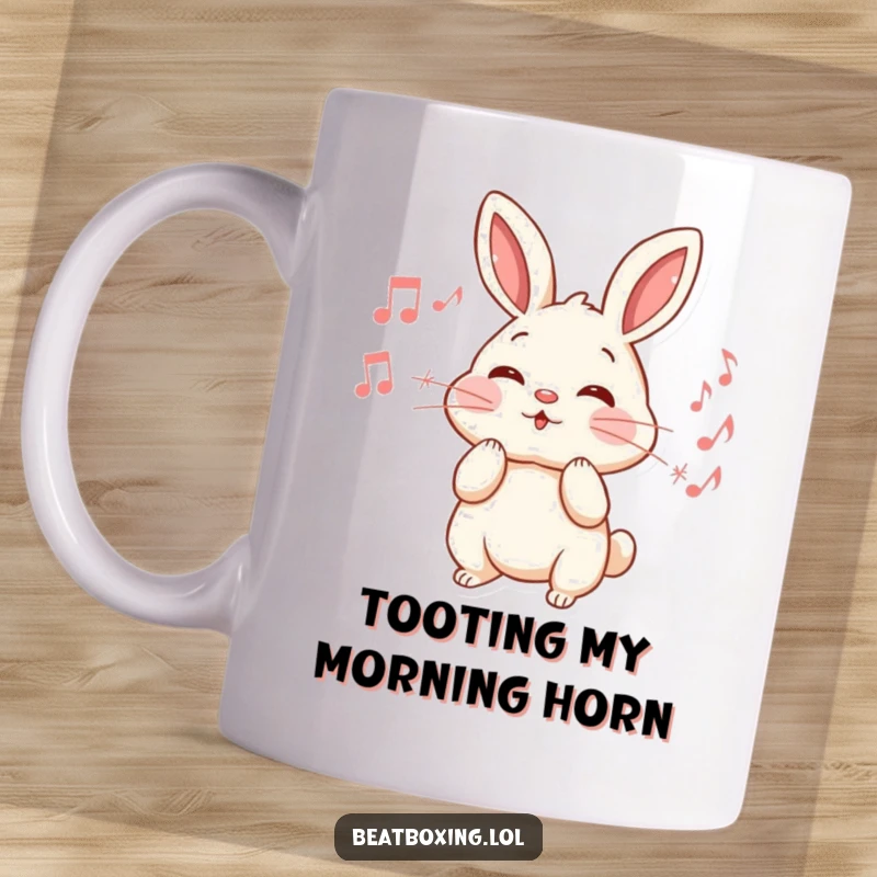 Funny Rabbit Mug: An energetic rabbit puffs its cheeks, blowing out a stream of musical notes, creating a cheerful melody.