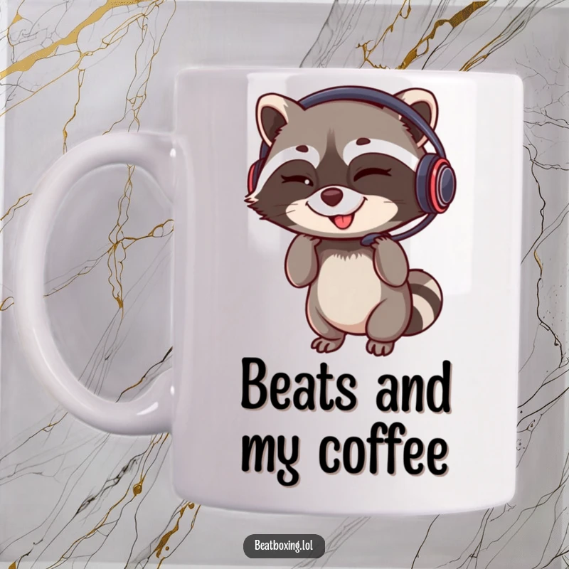Funny mug of a winking raccoon adjusting a gaming headset with a rhythmic grin, perfect for a humorous gift.