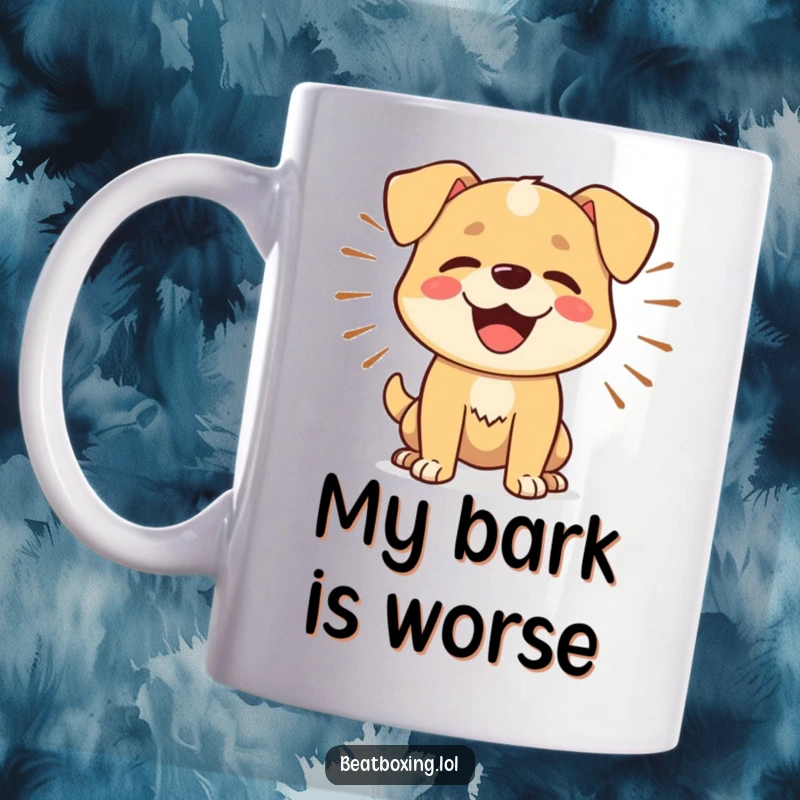 Funny Dog Barker Mug: A happy dog character is rhythmically barking, with noticeable sound waves emanating outward.