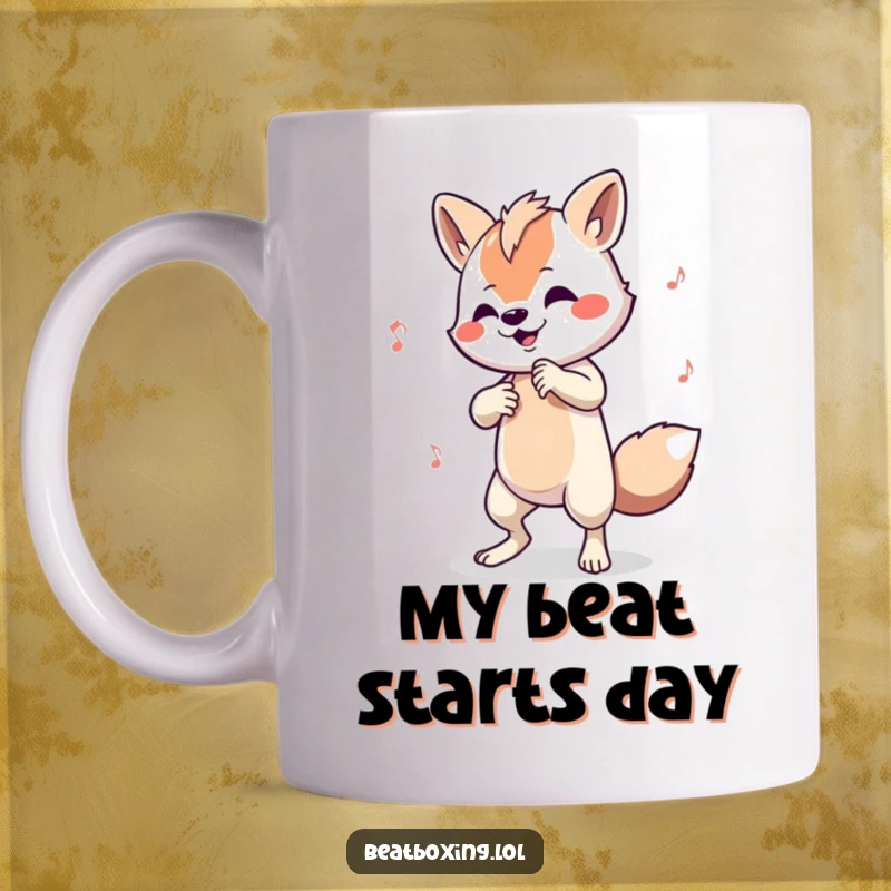 Funny mug showing an animal character skillfully tapping out a complex beat on its limbs, a musical delight.