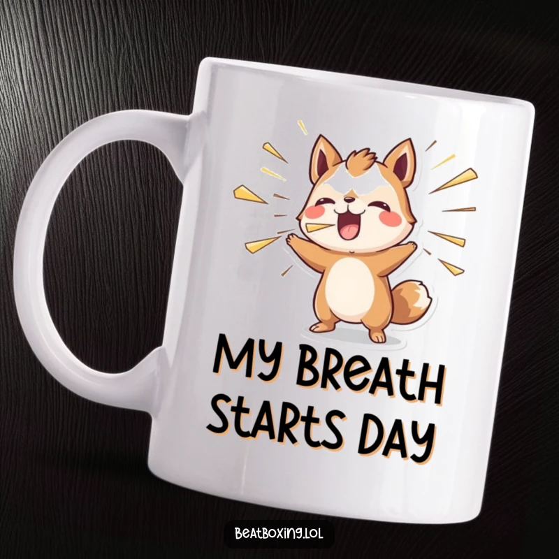 Funny mug showing an animal character blowing air outwards with visible rhythmic intensity, conveying playful energy.