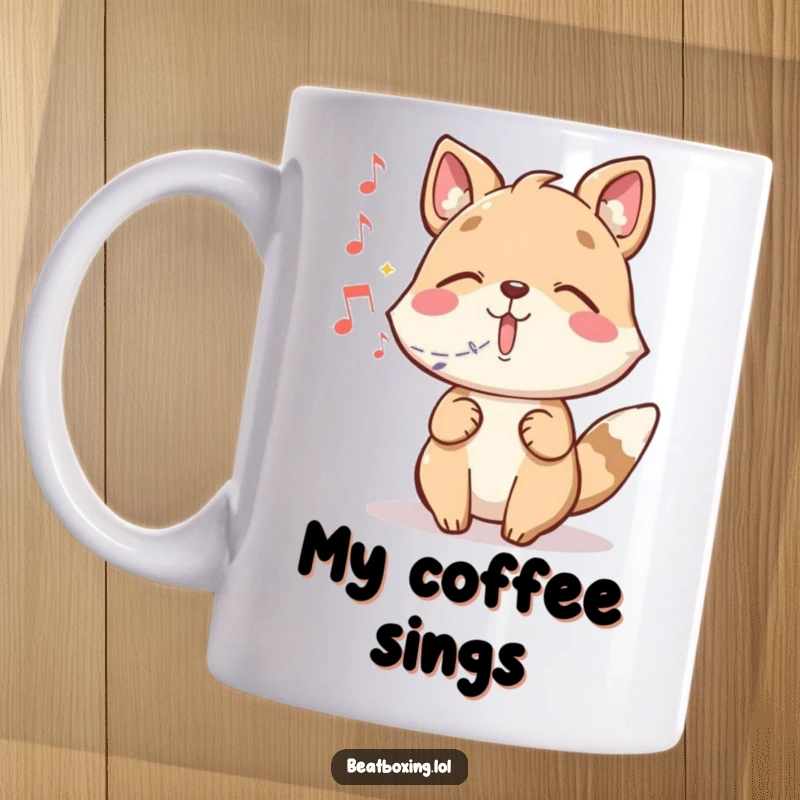 Funny mug showing a whimsical animal character magically conjuring colorful musical notes from its mouth.