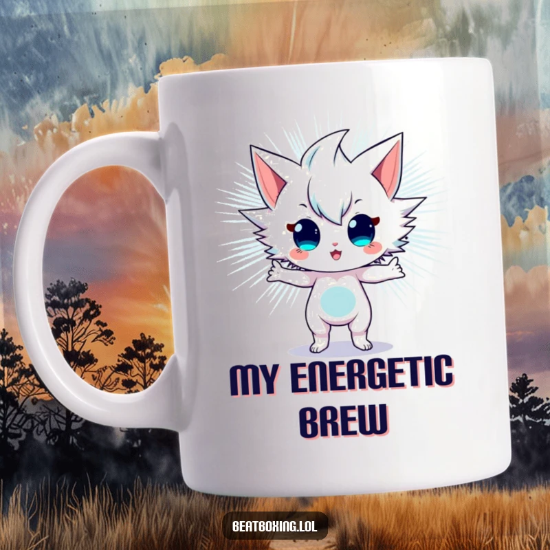 Funny Mug showcasing a character in an energetic stance, visibly radiating powerful sonic vibrations, symbolizing intensity and sound.