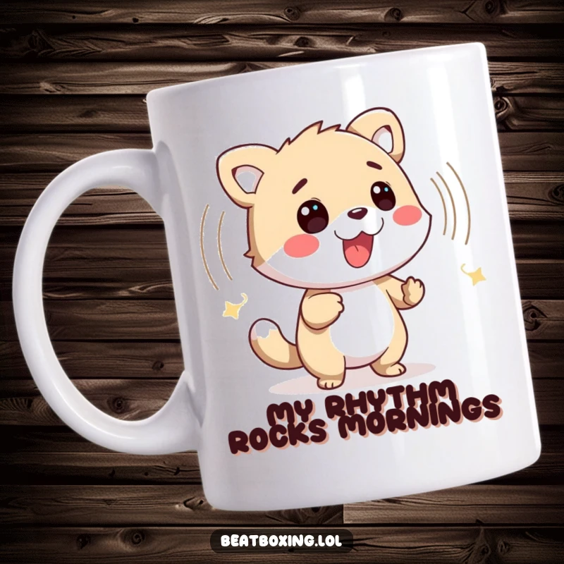 Funny mug showing a friendly animal drummer with visible percussive sound waves emanating, capturing musical energy.