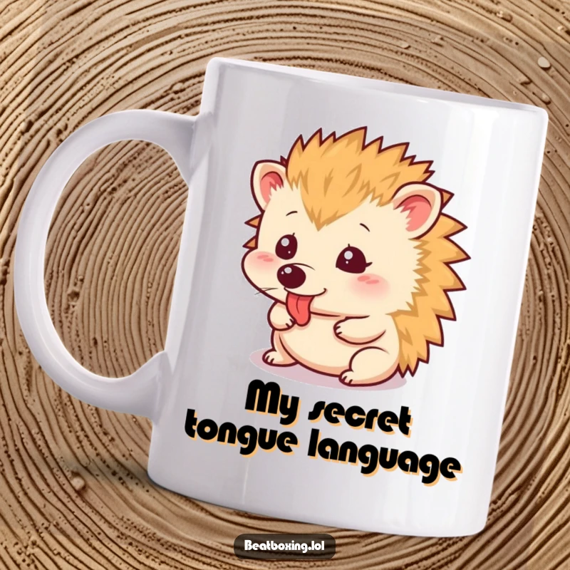 Funny Mug featuring a small hedgehog making a rapid tongue clicking sound, expressing intense focus and humor.