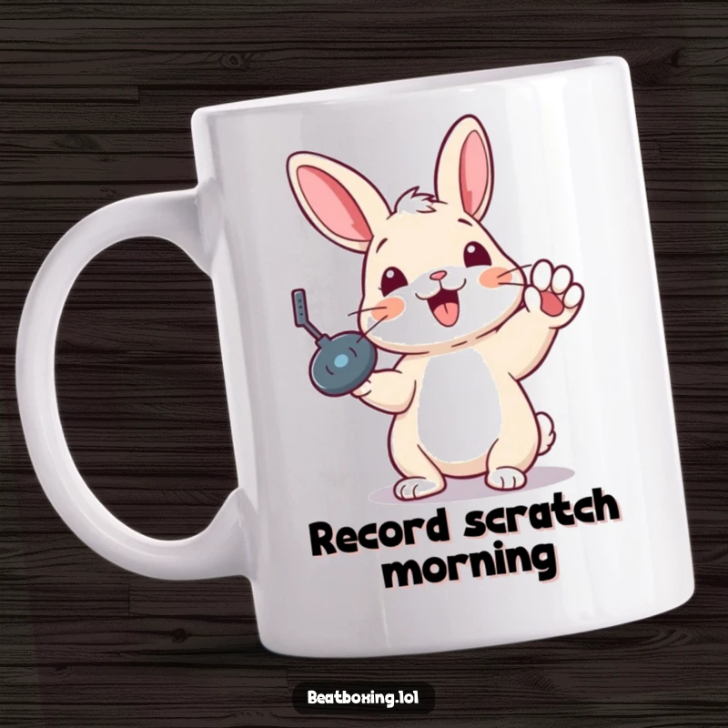 Funny mug with a delighted rabbit doing a record scratch gesture with its paw, embodying musical surprise and fun.